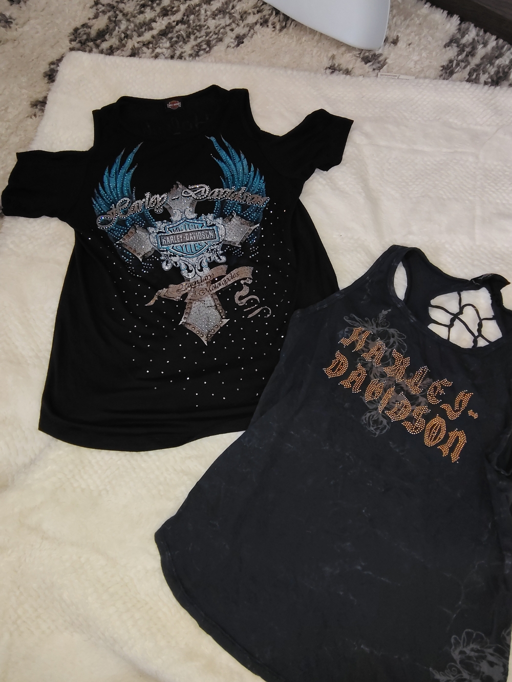 Harley-Davidson Black Cold-Shoulder Tee with Blue Wing Graphic There Is 2 Shirts